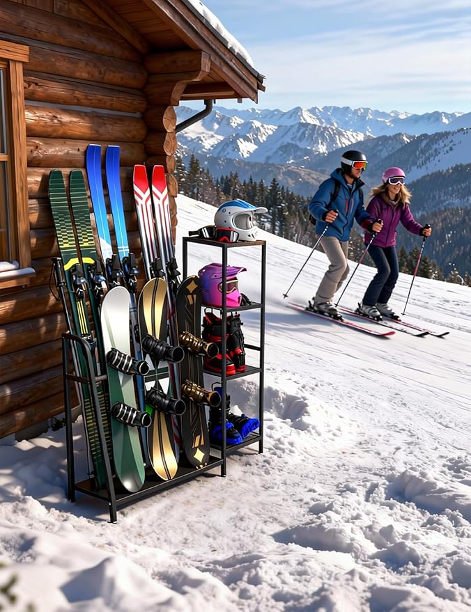 sogiv 4-Tier Freestanding Snowboard Rack, Ski Storage Rack, Ski Holders, Floor Stand Ski Organizer, Ski & Snowboard Rack Organizer for Garage, Home, Basement, Shed Ski Enthusiasts