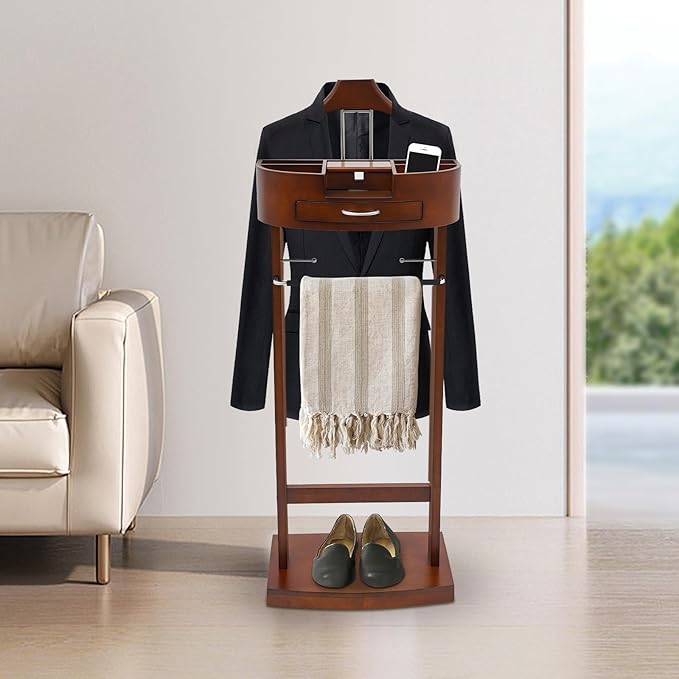 LOYALHEARTDY Valet Stand for Men, Clothes Valet Stand with Drawer, Vintage Suit Stand with Charging Station, Wooden Suit Rack & Trouser Holder,Coat & Tie Organizer for Bedroom Office (Walnut Color)