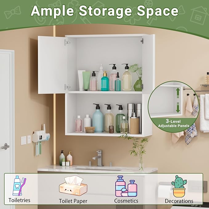 Fluted Bathroom Wall Cabinet Over the Toilet Storage,Wall Mounted Cabinet with Adjustable Shelf,Floating and Hanging Organizer,Kitchen and Laundry Room Storage (White,1 PC)
