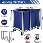 Commercial Laundry Cart with Wheels, 400L Capacity Heavy Duty Large Laundry Basket with Watertight Oxford Bag and Sturdy Steel Frame for Home, Hotel,Hospital,440 lbs(Blue)