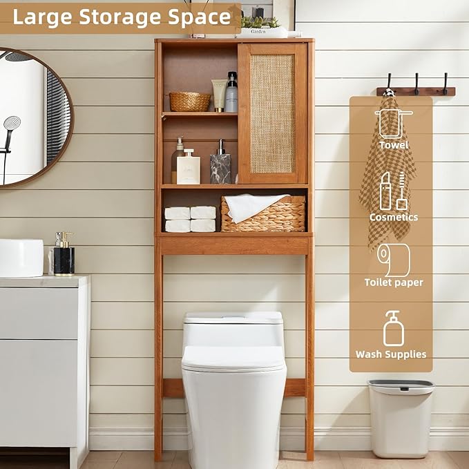 LEYAOYAO Over The Toilet Storage Cabinet with Rattan Sliding Door, 68" Tall Wood Above Toilet Bathroom Organizer w/Adjustable Shelf & Curved Profile, Space Saver Freestanding Washer Shelf