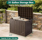 Outdoor Storage Box - 31 Gallon Waterproof Resin Deck Box, Lockable Patio Storage Bench for Package Delivery, Cushions & Garden Tools, UV Resistant (Brown, 31 Gal)