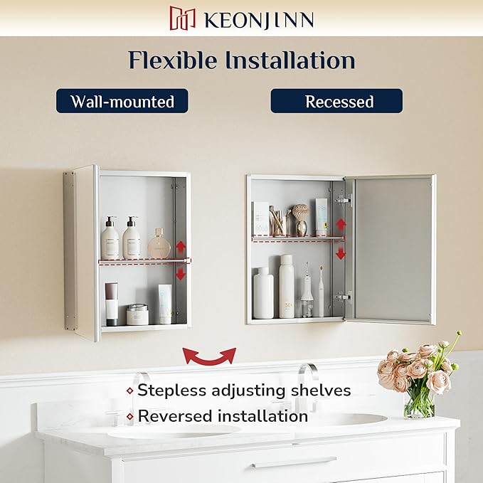 Keonjinn Medicine Cabinet 14 x 18 in, Bathroom Medicine Cabinets Mirror, Small-Sized, Lightweight, One Shelve Only, Surface Mount or Recessed, Tempered Glass, Assembly Required