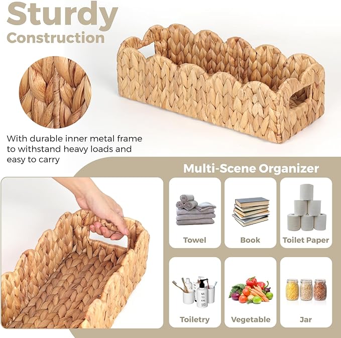 Handwoven Water Hyacinth Scalloped Countertop Storage Basket, Toilet Tank Basket for Bathroom, Scalloped Edge Wicker rectangle Basket for Toilet Paper Baskets, Vanity, Entryway, or Living Room (1pcs)