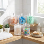SheeChung 12-Pack Clear Acrylic Apothecary Jars with Labels - (6) 10oz &(6) 12oz Qtip Holder Set - Shatterproof Bathroom Vanity Organizer for Cotton Swabs,Balls,Pads-Minimalist storage