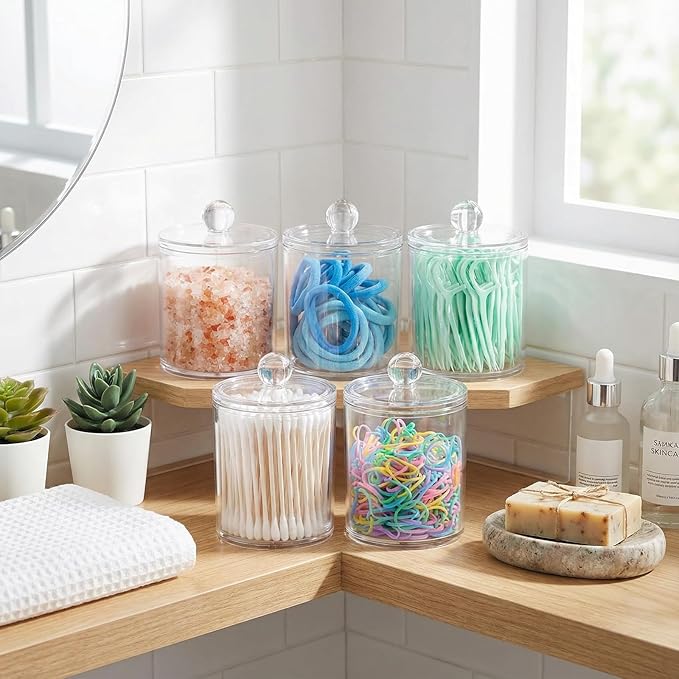 SheeChung 12-Pack Clear Acrylic Apothecary Jars with Labels - (6) 10oz &(6) 12oz Qtip Holder Set - Shatterproof Bathroom Vanity Organizer for Cotton Swabs,Balls,Pads-Minimalist storage