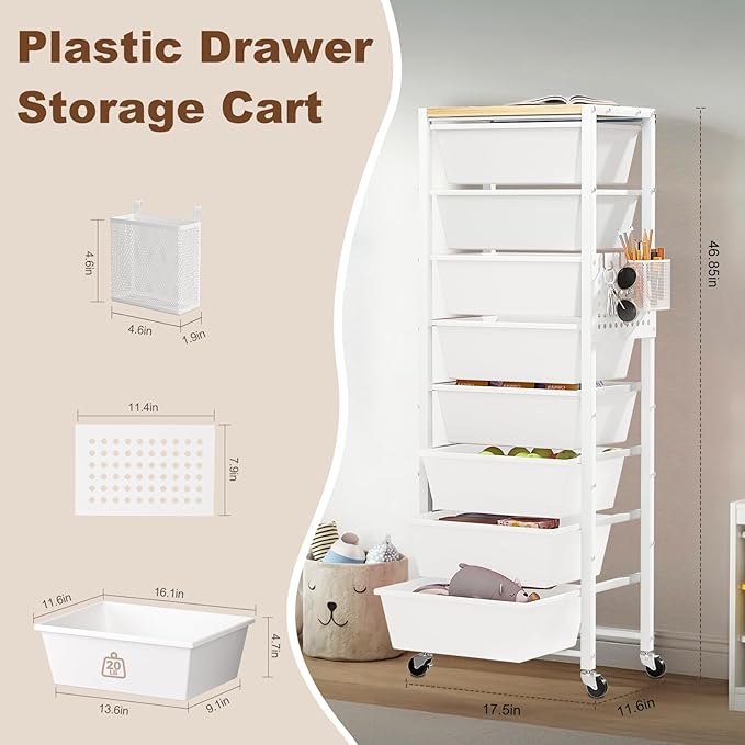 Rolling Cart with Drawers, Rolling Storage Cart with 8 Large Plastic Drawers & Wooden Tabletop, Utility Cart with Pegboards & Basket, Storage Drawers Cart for Living Room, Classroom, Bedroom, Office