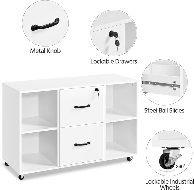 Yaheetech White File Cabinet Mobile Letter Size File Cabinet with 2 Drawers and 4 Open Storage Shelves Large Mobile Lateral Filing Cabinet Printer Stand for Home and Office