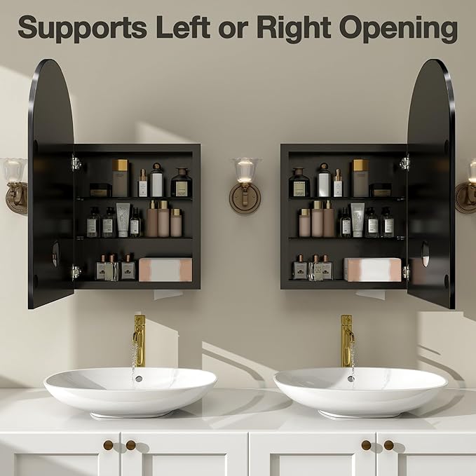 Arched Medicine Cabinet Mirror No Assembly Needed Bathroom Mirror with Storage Recessed or Surface Mount Options (Black, 31.5" L x 19.7" W)