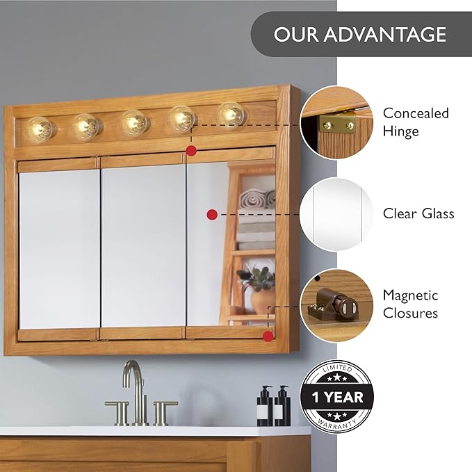 Design House Richland Medicine Cabinet with 5 Lights, Fully Assembled, Wall Mounted, 3 Mirrored Doors, Wood Frame, Oak Finish, 36 in x 5 in x 30 in, 530618-NOK