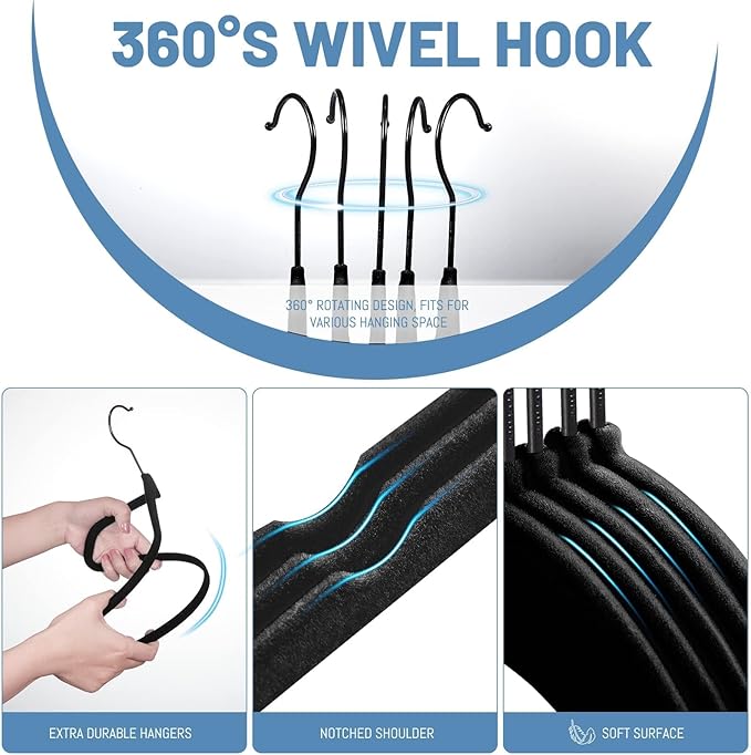 HOUSE DAY Black Velvet Hangers 120 Pack, Non Slip Felt Hanger, Slim Velvet Clothes Hangers for Suits, Shirt, Heavy Duty Coat Hanger for Closet