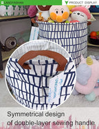 LANGYASHAN Laundry Basket Canvas Fabric Collapsible Organizer Basket for Storage Bin Toy Bins Gift Baskets Bedroom Clothes Children Nursery Hamper (Blue Stripes)