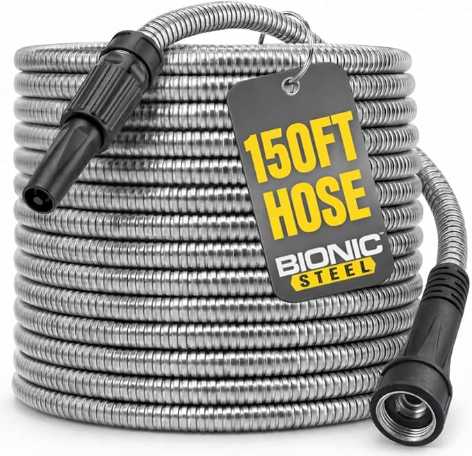 Bionic Steel 150 FT Long Garden Hose with Nozzle, 304 Stainless Steel Metal Water Hose 150ft, Flexible Hose, Kink Free, Lightweight & Durable, Crush Resistant Fitting, Easy to Coil, 500PSI- 2026 Model