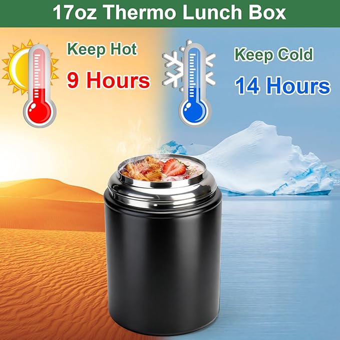 Juome Thermo for Hot Food, 17oz Soup Thermo Lunch Box for Adults, Insulated Vacuum Food Jar Container with Spoon&Fork, Leak Proof Stainless Steel Wide Mouth Thermo for Hot & Cold Foods, Drinks (Black)