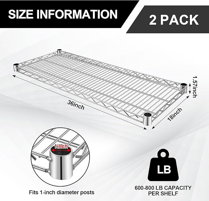 2 Pack Additional Wire Shelf for Wire Shelving Units Chrome Finish Shelving Weight Capacity 600-800 Lb, Heavy Steel Industrial for Warehouses, Closets, Kitchen(Sliver,18" W X 36" L)