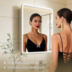 22 x 28 LED Bathroom Medicine Cabinet, Rounded Corner Aluminum Frame Lighted Mirror Cabinet with 3-Color Dimmable Lighting, Memory Function & Anti-Fog, Recessed or Surface Mount Installation