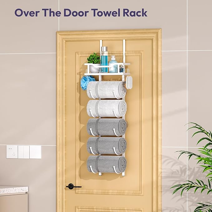 SWTYMIKI Over the Door Towel Rack - 6 Tier Towel Racks for Bathroom Wall Mounted, Towel Holder with Shelf, Hanging Rolled Towel Storage Organizer for Small Bathroom, Camper, RV, White