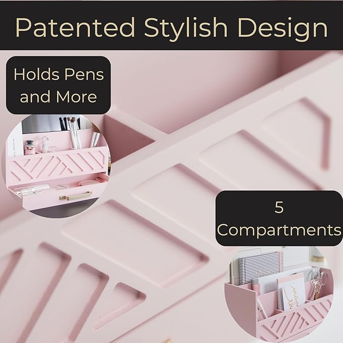 BLU MONACO | Pink Desk Organizers Wooden Mail Organizer with Drawer | Mail Sorter Organizer Countertop Gold Handle | Desk Organizers and Accessories Pink Office Storage