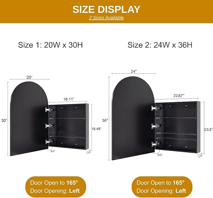TEHOME 20 x 30'' Polished Nickel Arched Bathroom Medicine Cabinet with Mirror Recessed and Surface Mounted Medicine Cabinet Mirror