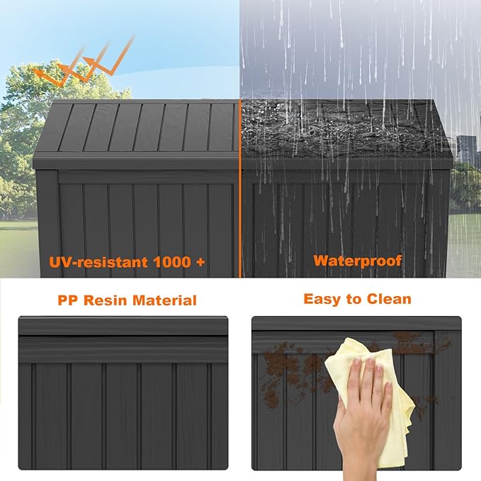 150 Gallon Outdoor Deck Box,Waterproof Resin Outdoor Storage Boxes, Outside Storage Lockable Container for Garden Tools,Indooor Cushions,Accessories (Black)