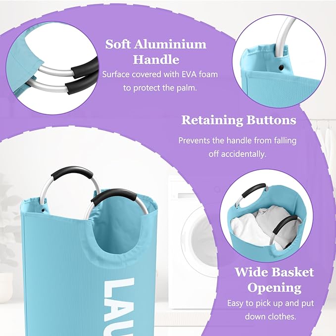 95L Foldable Blue Laundry Basket with Handles, Big Clothes Hamper for Bedroom, Dirty Clothes Basket Stand Upright, Portable Laundry Bag for Dorm, Nursery, Family, Blue
