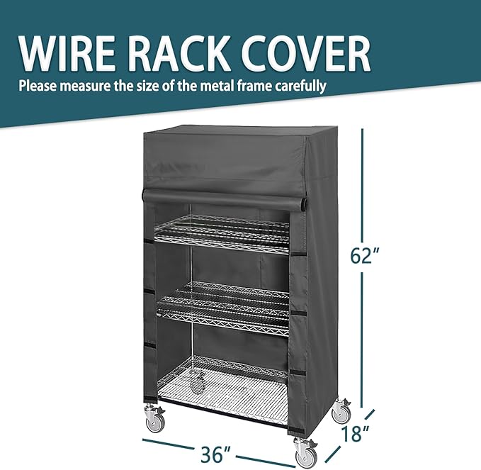 Shelving Cover for Storage Shelf and Wire Rack, 36" W x 18" D x 62" H, Dustproof Cover with Nylon Buckle Design on Both Sides for Easy Access (Black, No Shelves)