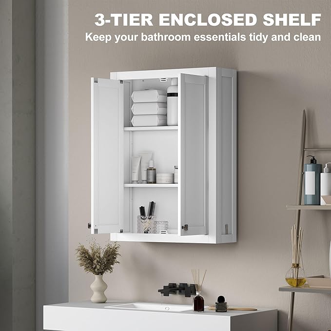 HOMCOM Bathroom Wall Cabinet, Modern Medicine Cabinet Wall Mounted, Over The Toilet Space Saver with 2 Doors and 2 Adjustable Shelves, White