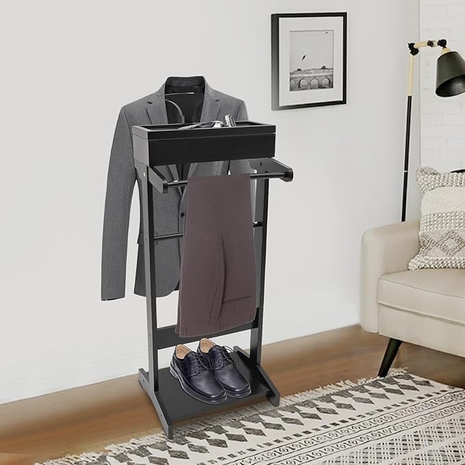 Wood Men Valet Stand, Freestanding Suit Stand with Top Tray, Valet & Suit Stands for Entryways, Living Rooms, Hallways,17.5 * 14.3 * 43.3in (Black)