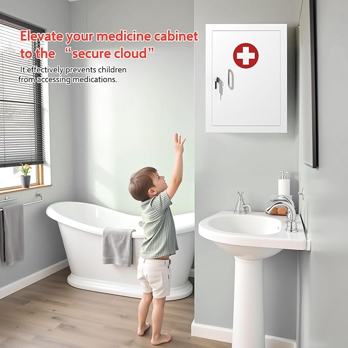 Locking Medicine Cabinet Wall-Mount: Storage Cabinet with Lock & Key - White Metal First Aid Kits for Family Safety and Childproofing