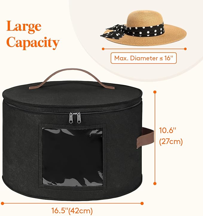 Lifewit Round Cowboy Hat Box for 7 Caps, Large Felt Hat Organizer Bag for Men&Women Storage, Baseball Cap Container with Lid for Travel, Foldable 16.5" Dx10.6 H Carrier, 37L Each, Black 2 Pack
