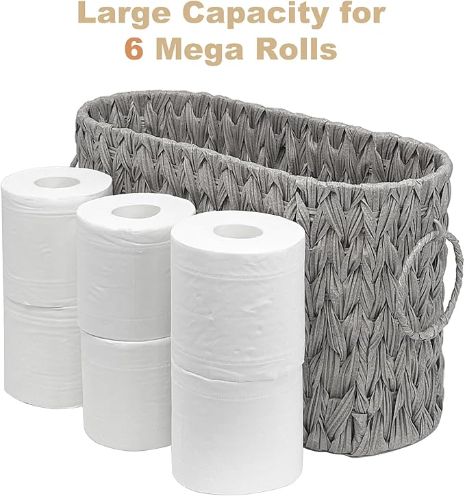 Toilet Paper Basket for Bathroom, Large Storage for 6 Mega Rolls, Free Standing Wicker-Style Toilet Paper Holder Organizer, Boho Decorative Bathroom Bin, 15.75" x 6.5" x 9.45" (Gray)