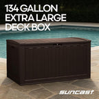Suncast 134-Gal. Resin Extra-Large Outdoor Patio Deck Box with Pad-Lockable Lid, Modern Outdoor Patio Bench/Storage Box for Cushions, Garden Tools, and More, Java