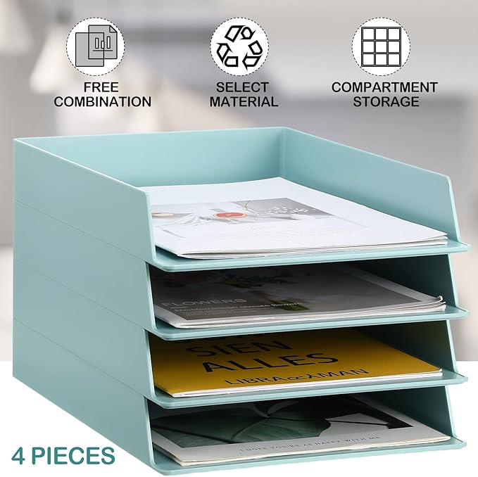 Tatuo 4 Pack Stackable Paper Trays Plastic Letter Tray Desk Organizer Paper Holder Organizer Storage Office Desk Accessories for Classroom Magazine File Documents 12.8 x 9.45 x 1.97, Blue Green