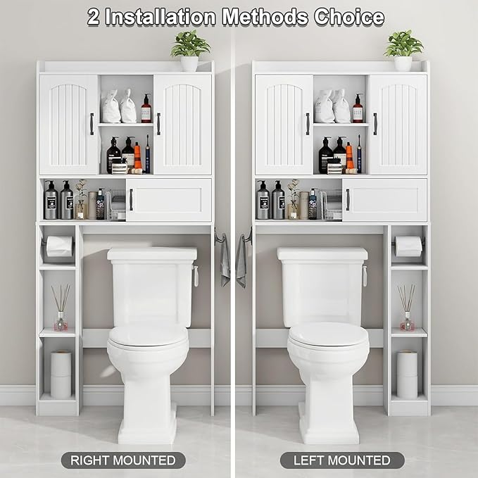 Vabches Farmhouse Over The Toilet Storage Cabinet with 2 Barn Doors & Sliding Door, Over The Toilet Bathroom Organizer with Open Storage Layer and Adjustable Shelves & Hooks.White