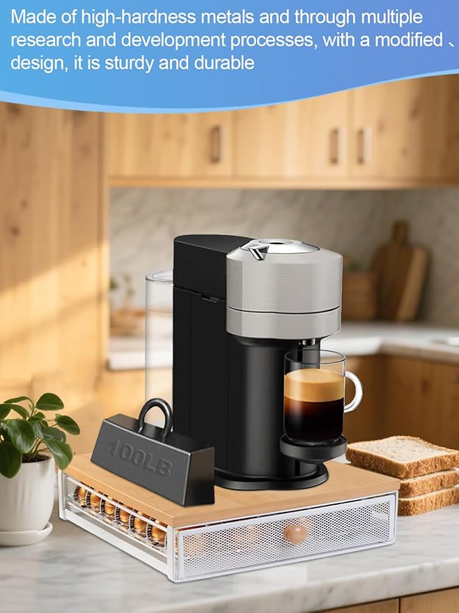 Coffee Pod Holder Drawer Organizer Capsules Storage Organizer with Sliding Drawer Compatible For Nespresso Pods, Holds up to 56 Small or 28 Big nespresso pod Oak Color