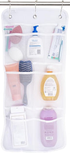 S&T INC. Shower Organizer, Shower Caddy or Bathroom Organizer with Quick Drying Mesh, 7 Pockets to Hold Shampoo, Soap, Loofah, and Cruise Ship Essentials, 14 Inch by 30 Inch, White, 1 Pack