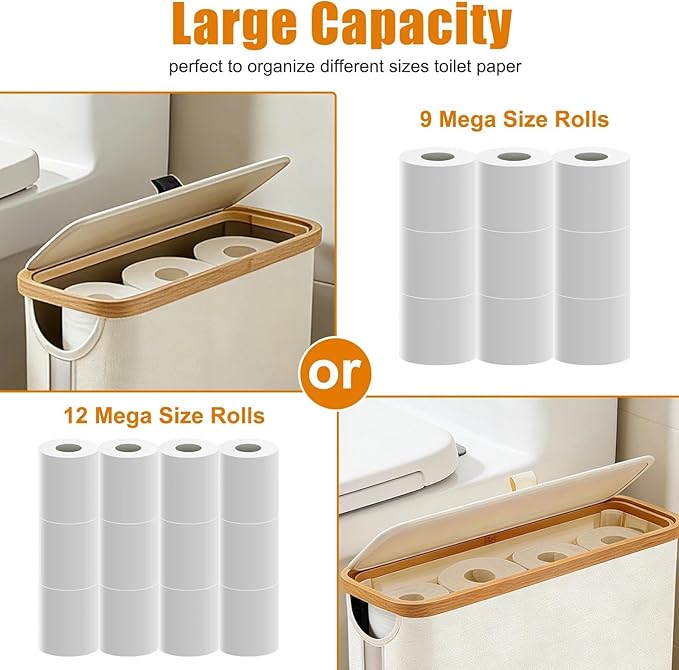 Toilet Paper Roll Storage, Bathroom Slim Toilet Paper Storage with Lid for 12 Rolls, Ultimate Bathroom Organizer with Anti-Slip Base, Beige 30L