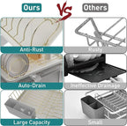Buruis Dish Drying Rack for Kitchen Countertop, Large Capacity Gold Stainless Steel Dish Drainer with Anti-Slip Rubber Feet, Removable Drain Board and Utensil Holder (White Tray)