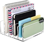 BEYGORM Acrylic Mail Holder, Clear Multifunction Desk Organizer with Divider, Vertical Letter Sorter for Desktop, 5 Compartments Modern Office Home Envelope Organizer for Bill, Document, Folder