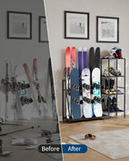 Ski Storage Rack, 48" x 12" x 46", Heavy Duty Freestanding Steel Ski Organizer for 4-Pair Skis, Snowboard, Boots, Poles, Helmet & Goggles, Floor Stand Skis Holder for Garage, Basement & Mudroom
