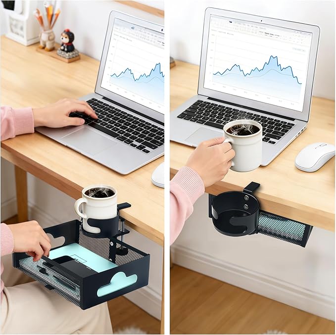 Under Desk Organizer 360° Swivel with Cup Holder, Clamp-On No Drill Installation, Sturdy Mesh Storage Drawer for Office,Drawing Room and Kitchen Room,Art Supplies and More (Black) (with Cup Holder)