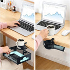 Under Desk Organizer 360° Swivel with Cup Holder, Clamp-On No Drill Installation, Sturdy Mesh Storage Drawer for Office,Drawing Room and Kitchen Room,Art Supplies and More (Black) (with Cup Holder)