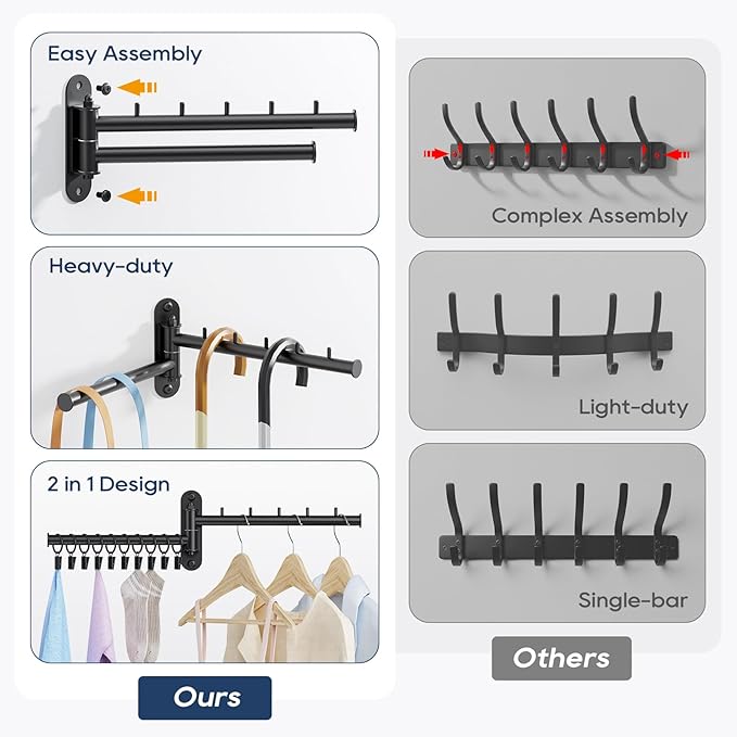 Wall Mounted Drying Rack, 2-Tier Laundry Drying Rack with Swing Arm, Space-Saving Foldable Laundry Clothes Hanger with 10 Clips for Laundry Room Closet Organizer Bathroom Bedroom
