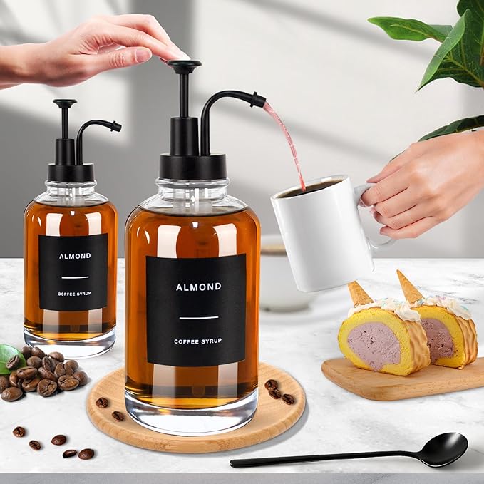 Coffee Syrup Dispenser for Coffee Bar, Set of 3 Simple Glass Syrup Bottle w. Pump and Labels, 16.9 oz 500ml Syrup Pump Dispenser, Syrup Dispenser w. Tray & Coffee Scoop