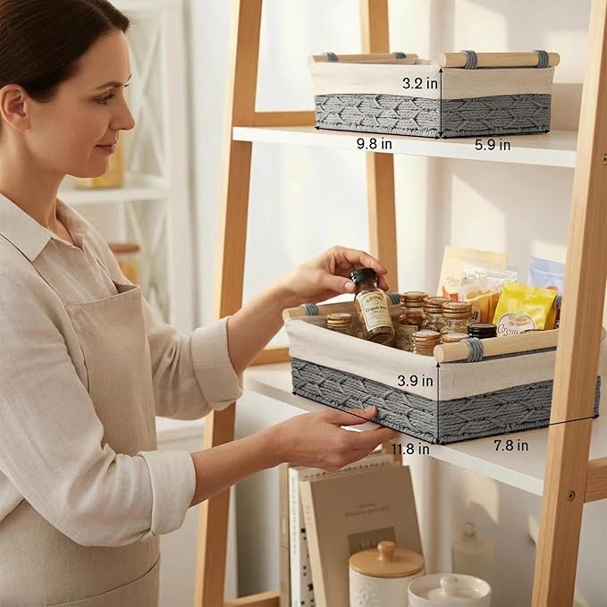Paper Rope Wire Storage Basket for Shelves, Organizing Stackable Large and Small Woven Basket Toilet Tank Paper Baskets for Dressing/Night Table,Cabinets,Bathroom,Bedroom,Living Room Home Decor Grey