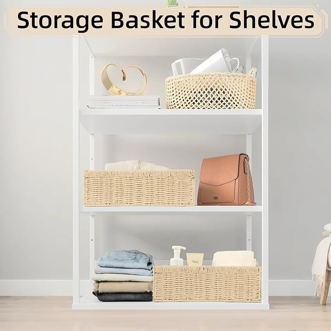 2 Pack Paper Rope Wicker Baskets with Handles, Storage Wicke Baskets for Shelves Organizing, Natural Color Toilet Basket Tank Topper, Small Woven Baskets for Storage, 14.17x6.1x4.72in