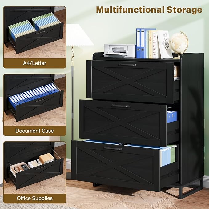File Cabinet 3 Drawers Lateral File Cabinet with Charging Station for Letter/Legal/A4 Size Hanging Files, Large Wood File Storage Cabinets Printer Stand for Home Office, Black