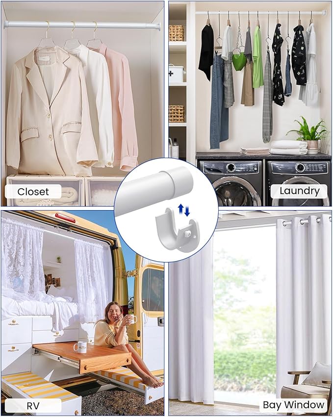 Closet Rods for Hanging Clothes, 17 to 129 Inches Stepless Adjustable Metal Closet Rod, 1.3 Inches Heavy Duty Clothes Hanging Rod for Closet Wardrobes Laundry RV, White