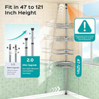 HAMITOR Corner Shower Caddy Tension Pole: Rustproof 4-Tier Bathroom Organizer Shelves for Bathtub Shampoo Storage - 47-121 Inch Quick Install Adjustable Rod Standing Rack with Soap Rack - Silver Gray