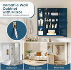 Tangkula Bathroom Medicine Cabinet with Mirror, Wall Mounted Home Storage with Door & 6 Open Shelves, Adjustable Shelves, Mirrored Bathroom Wall Cabinet (Blue)